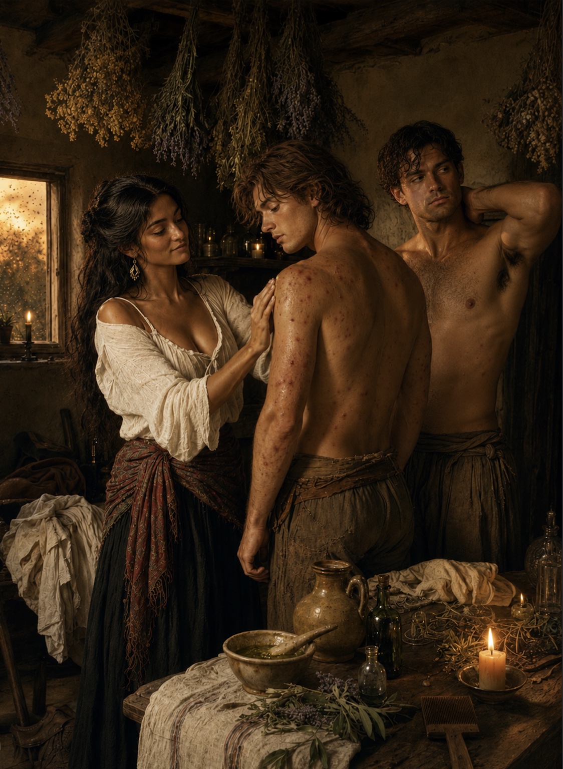 Sérafine soigne Basile tandis que Gaspard veille
