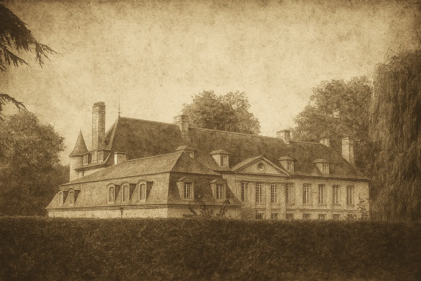 Ancien cliché (XIXᵉ siècle) : le château dans sa silhouette figée, encore marqué par les styles mêlés des reconstructions.