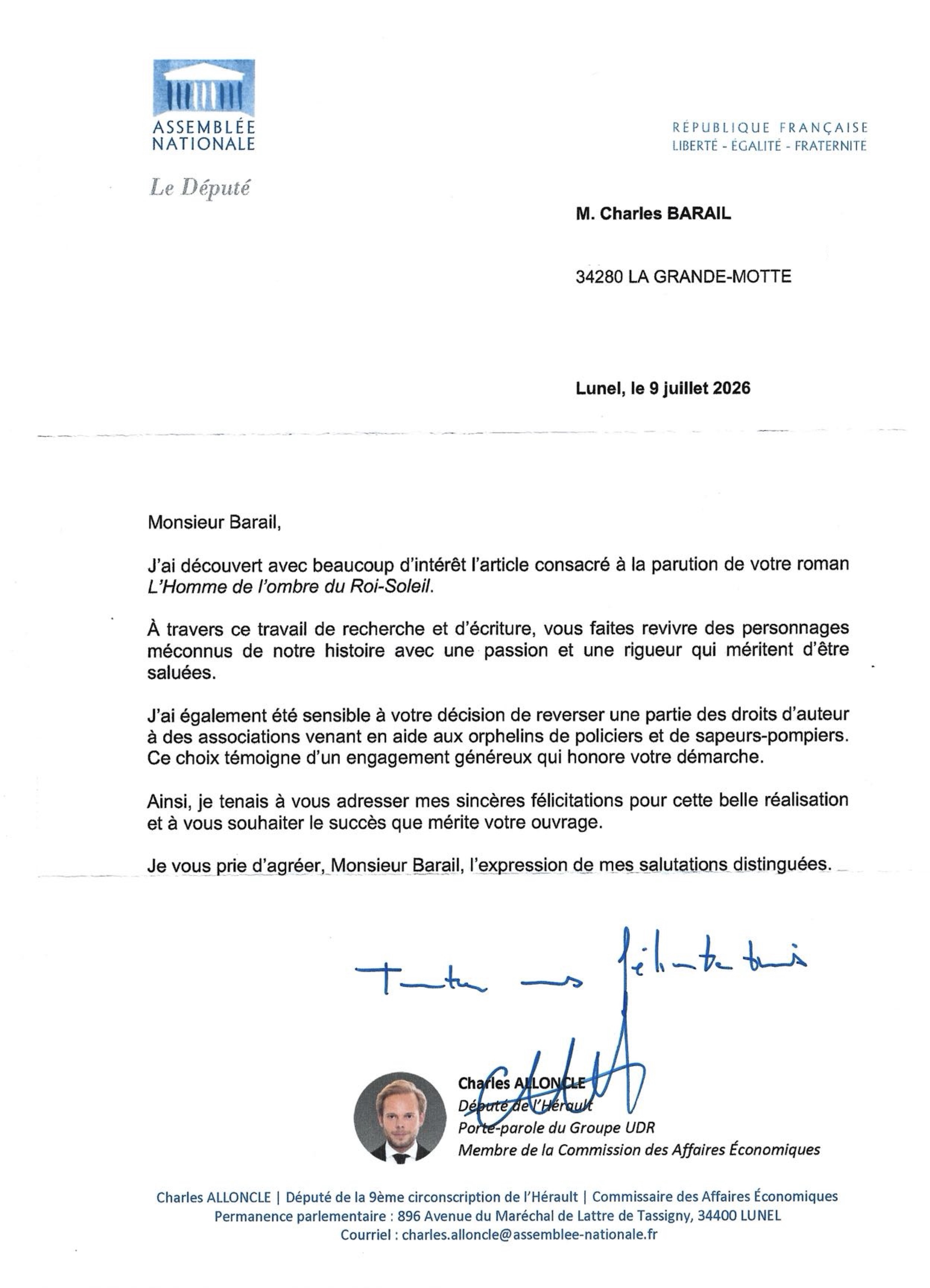 Letter from Charles Alloncle, Member of the French National Assembly for Hérault, addressed to Charles Barail on 9 July 2026