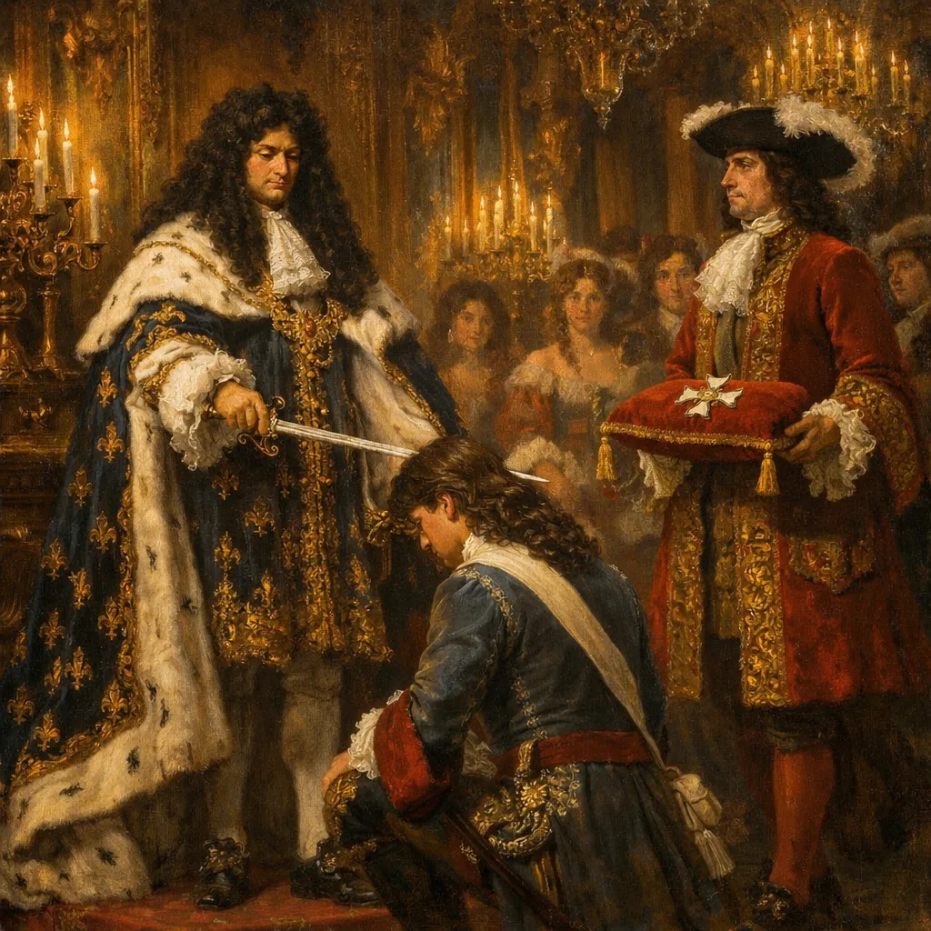 Louis Le Prévost du Barail reçoit des mains de Louis XIV la croix de l’ordre royal et militaire de Saint-Louis — distinction qu’il obtint en 1700, vers l’âge de quarante ans.